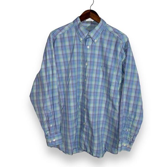 Talbots for Men Teal Blue Check Twill Button Down Shirt L - Picture 1 of 9